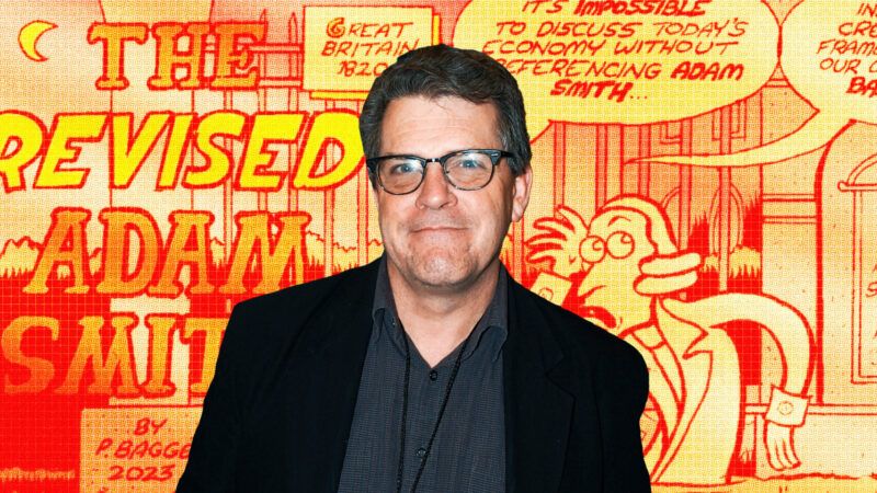 Peter Bagge on a yellow and red comic background