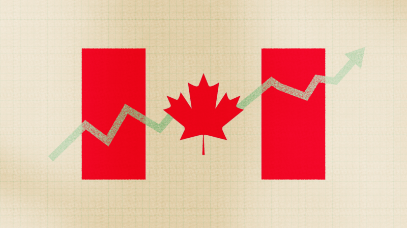 An upward trending chart over the Canadian flag | Illustration: Lex Villena