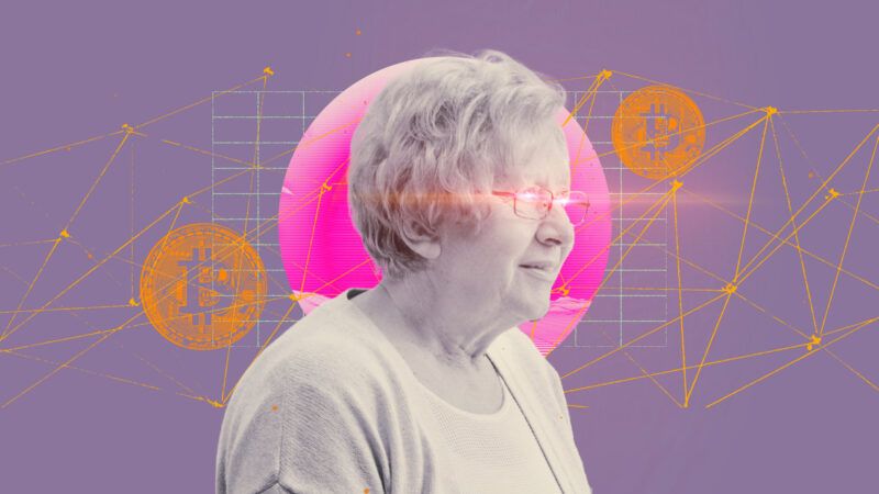 A purple background with orange and pink crypto symbols and a black and white photo of an old woman with pink laser eyes | Illustration: Lex Villena,Natalia Shabasheva, Ljupco