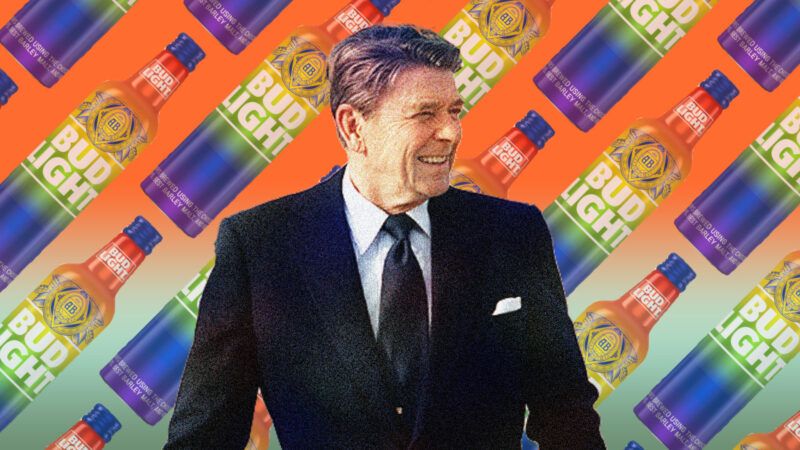 Ronald Reagan; rainbow Bud Light bottles | Illustration: Lex Villena; The U.S. National Archives