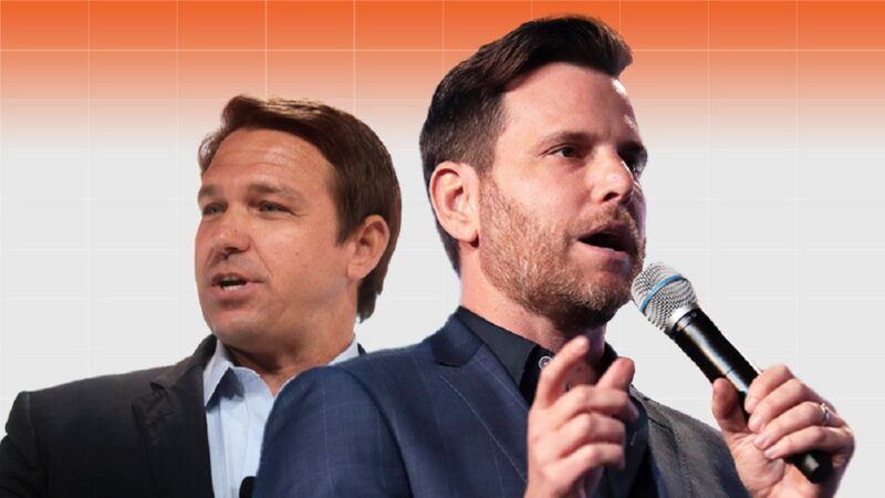 Ron DeSantis on the left, Rubin on the right on an orange ombre background