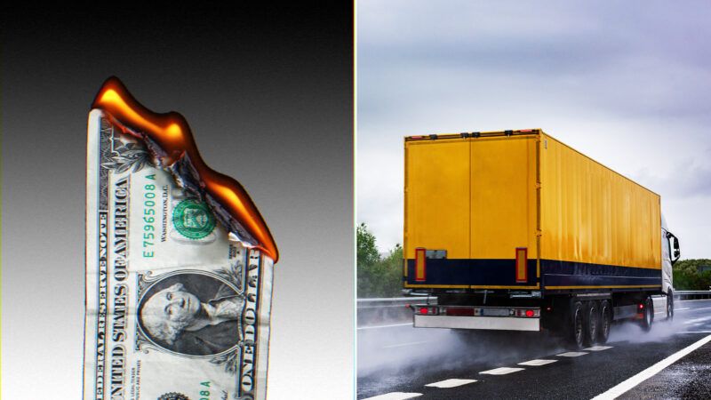 A side-by-side of a burning dollar bill and a yellow tractor-trailer. | Illustration: Lex Villena, Andreblais