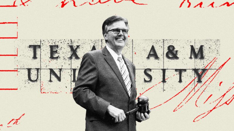 Texas A&M logo with a picture of Lt. Gov Dan Patrick in front of it and red academic markings across the image | Illustration: Lex Villena; Redwhiteandboujee