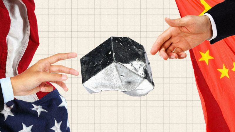 One hand alongside a U.S. flag and another hand alongside a Chinese flag reach toward a rare metal. | Illustration: Lex Villena, Ferli Achirulli Kamaruddin, Cammeraydave