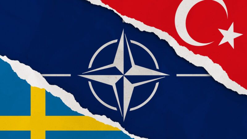 Diagonal cuts of Swedish flag, NATO flag, Turkish flag together