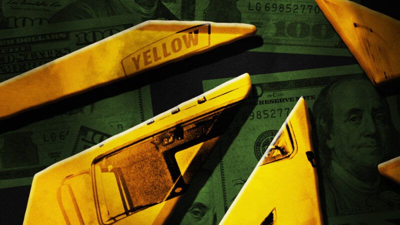 A Yellow Corporation truck, shattered, against the backdrop of cash. | Illustration: Lex Villena