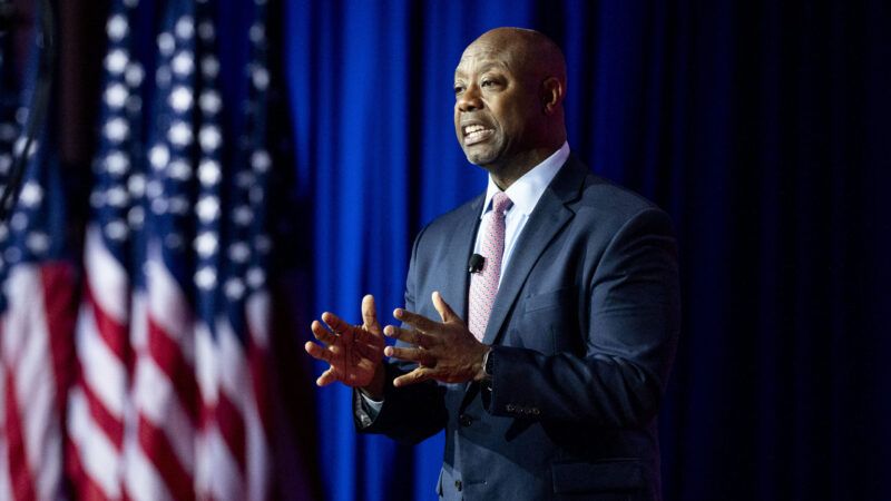 Republican presidential candidate Tim Scott gives a speech