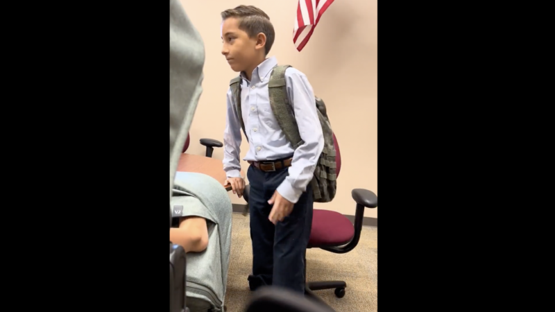 Still from a video capturing Jaiden, a 12-year-old boy who attends the Vanguard School in Colorado Springs, Colorado, who was removed from school over his Gadsen flag patch | Screenshot via Connor Boyack / X