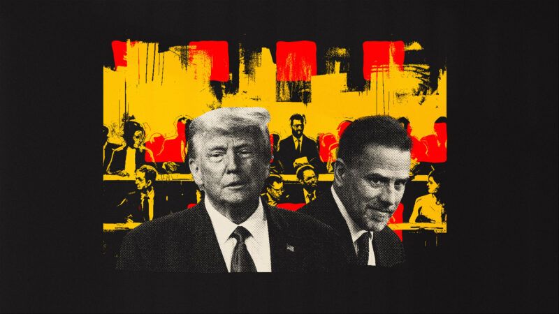 Donald Trump (in black and white) next to a separate picture of Hunter Biden (in black and white) in front of a jury (who are colored in yellow and black). | Illustration: Lex Villena; Midjourney, Ron Sachs ZUMAPRESS Newscom
