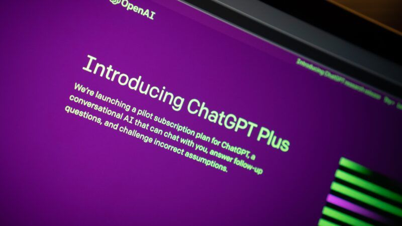 A computer screen with a purple background and white text reading "Introducing ChatGPT Plus" | Photo by <a href=https://reason.com/2023/08/10/can-we-trust-a-i-to-tell-the-truth/