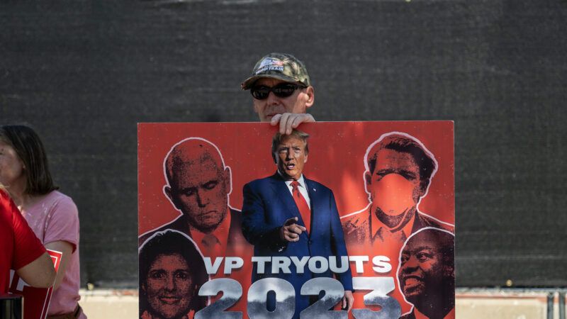 A sign displays Republican presidential candidates at the GOP primary debate in Wisconsin | Chris Dilts/Sipa USA/Newscom