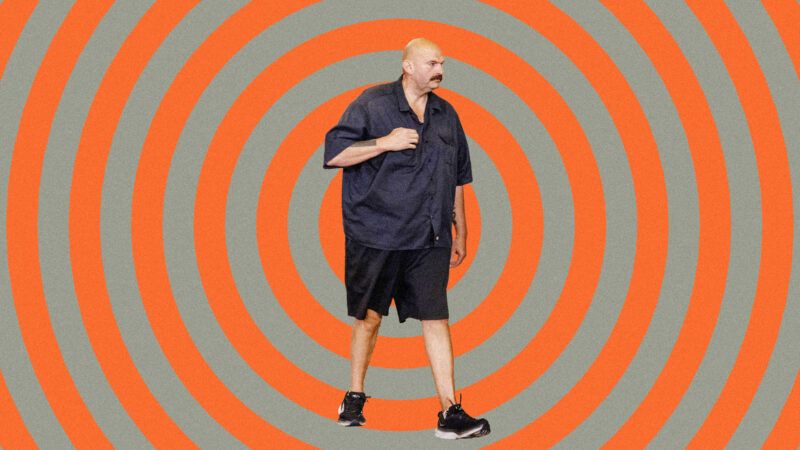 John Fetterman wearing Carhartt shirt and shorts against circles. | Lex Villena; TASOS KATOPODIS