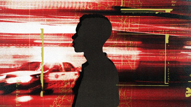 A shadowed figure in the foreground with a red streaked picture of a police car and a yellow map in the background | Illustration: Lex Villena; Midjourney
