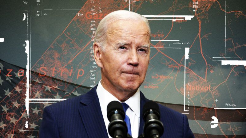 Joe Biden in front of a map of the Gaza strip | Illustration: Lex Villena; Yuri Gripas UPI Newscom