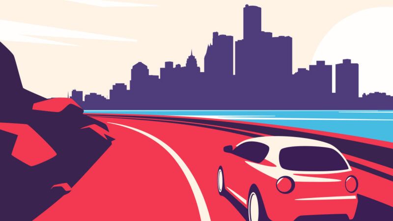 Car driving down road with a backdrop of a city | Illustration: Joanna Andreasson; Source image: rikkyal/iStock