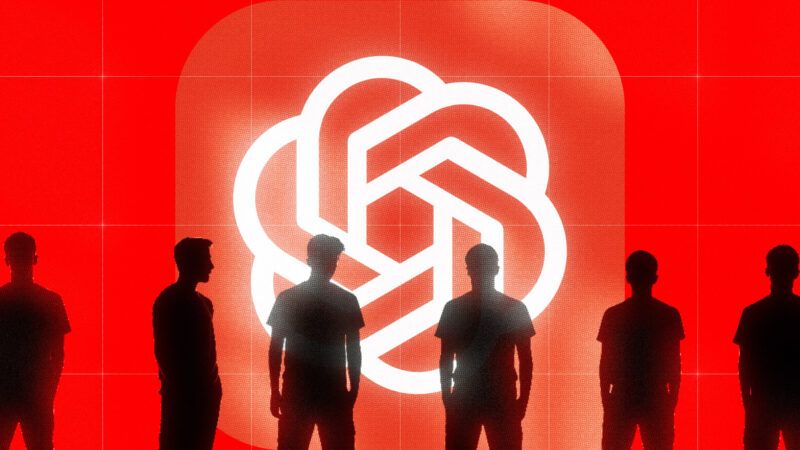 Silhouettes in front of a red background and the OpenAI logo | Illustration: Lex Villena; Midjourney
