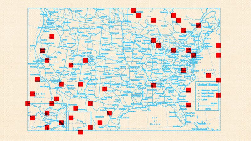 A surveyor's map of the United States pocked with red dots, to signify Americans migrating from high-tax to low-tax states. | Illustration: Lex Villena