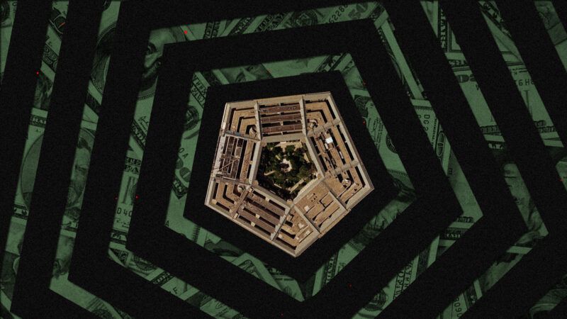 An aerial view of the Pentagon against a backdrop of U.S. currency. | Illustration: Lex Villena; U.S. Geological Survey