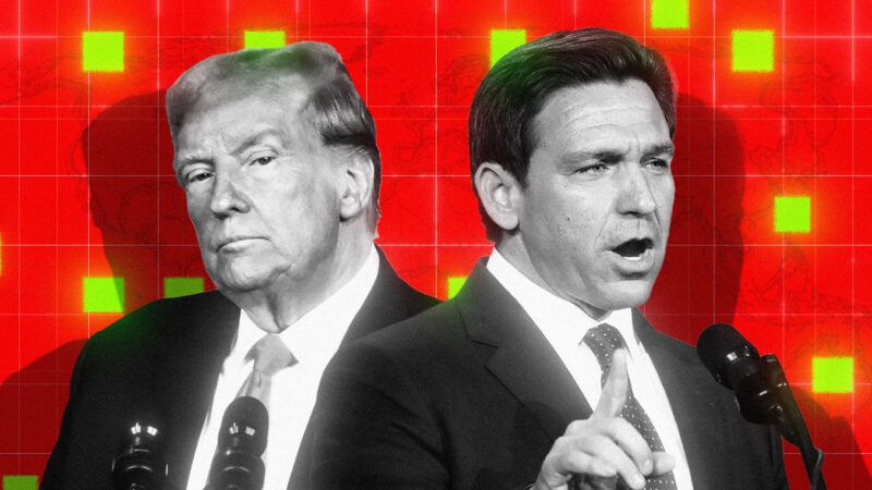 Republican presidential candidates Donald Trump and Ron DeSantis against a red background with map detail and neon yellow check boxes | Illustration: Lex Villena; Kyle Mazza, Gage Skidmore