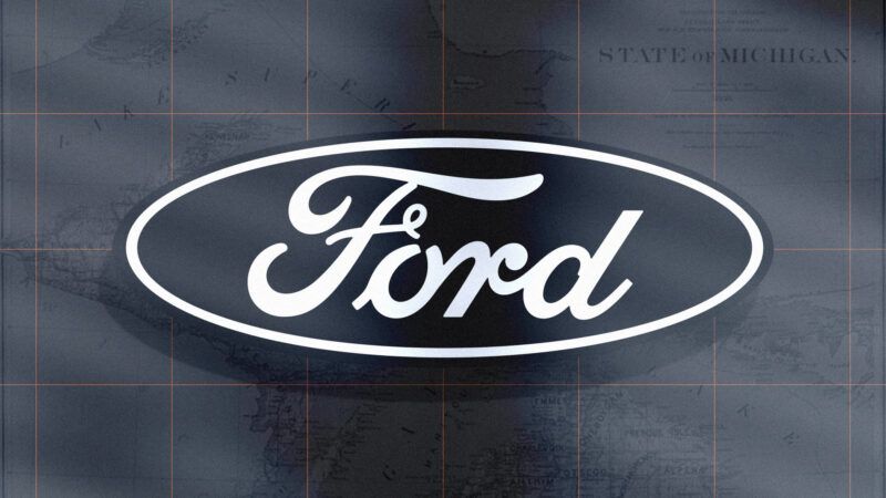 The Ford logo against a map of Michigan. | Illustration: Lex Villena