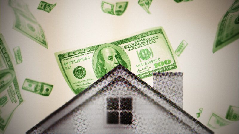 A house is seen with $100 bills falling behind it | Illustration: Lex Villena; Oblachko
