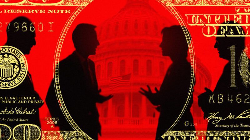 Politicians are seen in front of the U.S. Capitol and behind a 0 bill | Illustration: Lex Villena; Midjourney