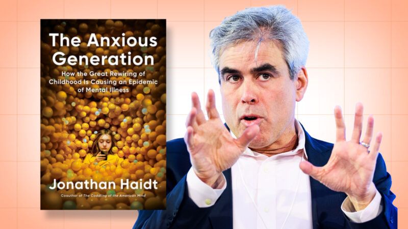 The book cover of The Anxious Generation, next to a photo of its author, Jonathan Haidt, speaking, with his hands up by his face. | Book cover: Penguin Press | Photo: World Economic Forum
