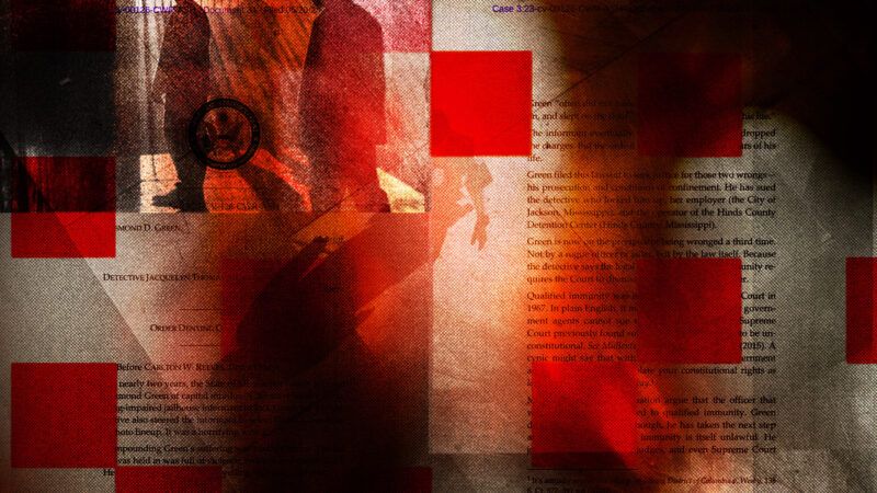 Shadowy figures and court documents with red and cream colored overlays | Illustration: Lex Villena; Midjourney; U.S. District Court for the Southern District of Mississippi