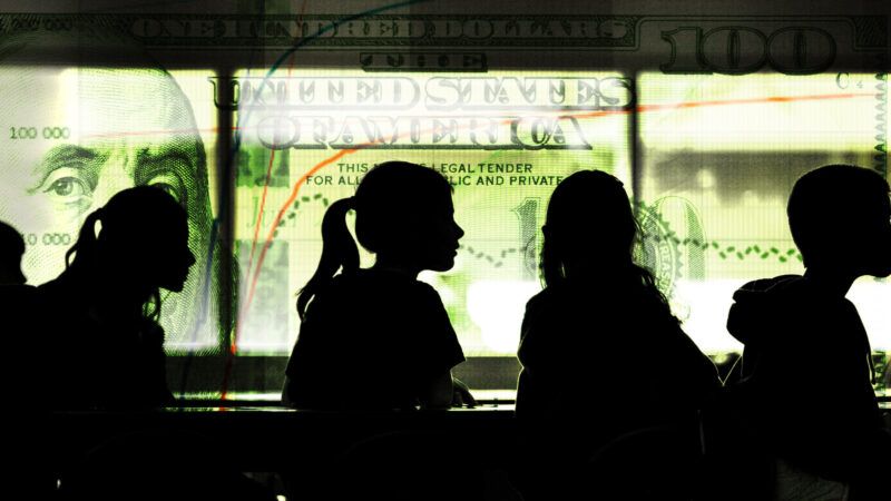 Silhouettes of students walking in front of a digital sign of a $100 bill. | Illustration: Lex Villena; Midjourney