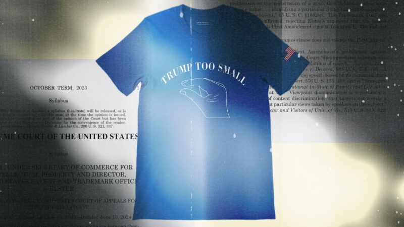 A blue T-shirt with a "TRUMP TOO SMALL" logo and a thumb and forefinger pinched close together printed on the front, against the backdrop of the first page of the Supreme Court's decision in Vidal v. Elster. | Illustration: Lex Villena; Wikimedia Commons