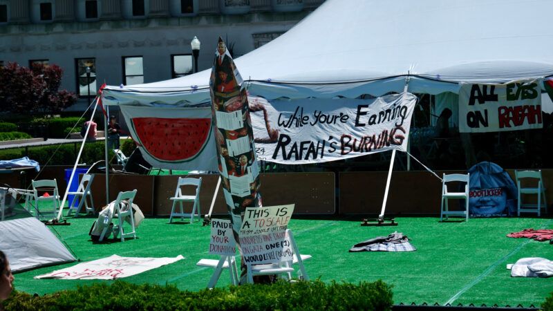 A scale model of a Mark 84 bomb in front of the protest encampment at Columbia University. June 1, 2024. | Matthew Petti