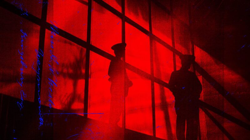 Shadows showing police officers among red and black background hinting at prison bars | Illustration: Lex Villena; Midjourney