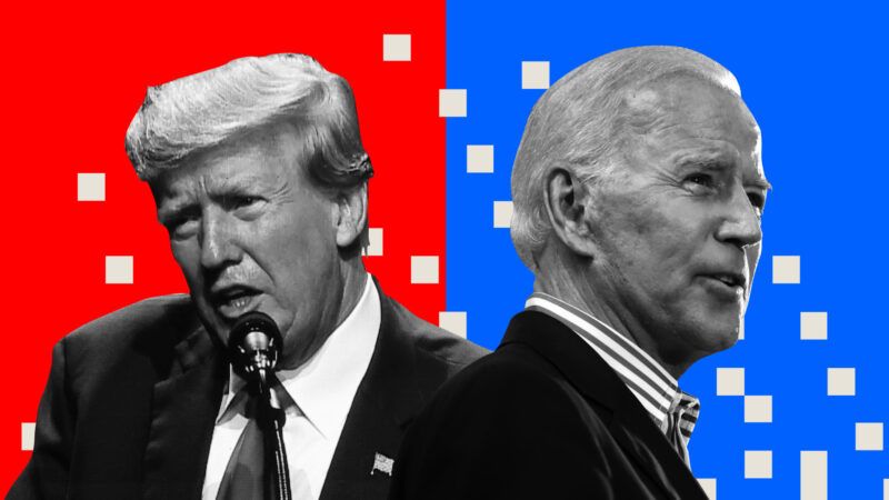 Former President Donald Trump and President Joe Biden pictured against a red and blue background | Illustration: Lex Villena; Skidmore, Jeremy Hogan ZUMAPRESS