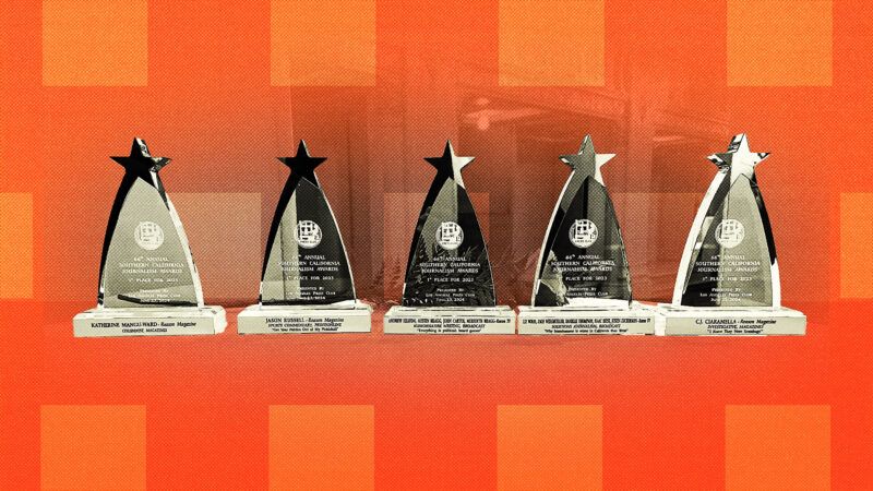 Reason's trophies at the Southern California Journalism Awards | Illustration Lex Villena; Courtesy of Paul Detrick