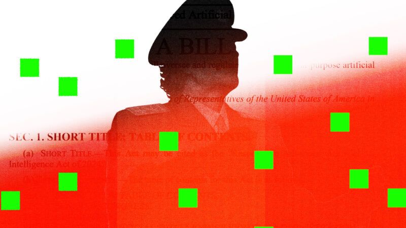 An authoritative figure stands against a document that looks like it has legal language with a red tint and green boxes across the screen | Lex Villena; Midjourney