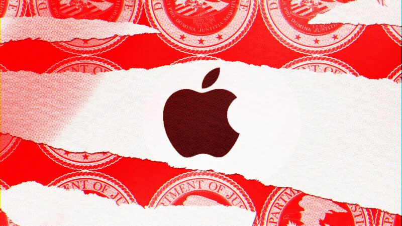 The Apple corporate logo centered, above and beneath portions of the Justice Department logo tinted red. | Illustration: Lex Villena