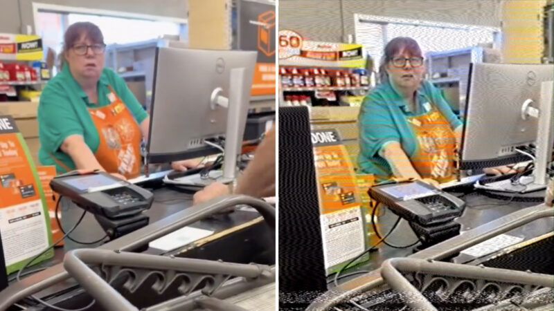 Darcy Waldron Pinckney is seen behind the register at Home Depot prior to the company firing her for a social media post. | Screenshot, X