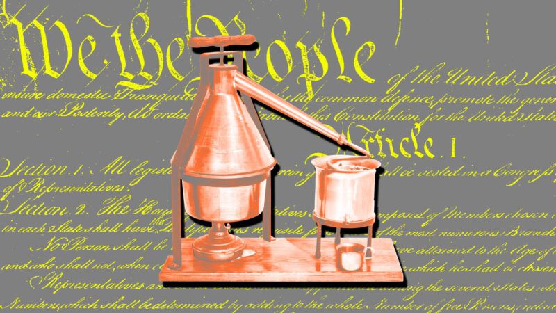 A whiskey distilling set up in front of the preamble to the United States Constitution | Illustration: Lex Villena;  Ioannis Syrigos