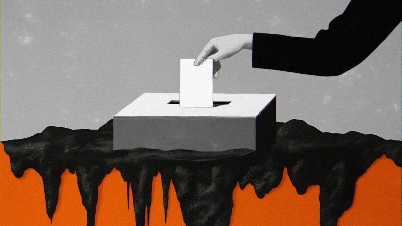 Graphic of a hand placing a voting card into a ballot box | Illustration: Lex Villena; Midjourney