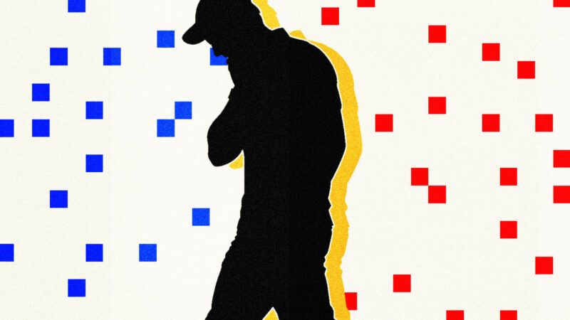 A man in silhouette, accented in yellow, is torn between blue and red dots. | Illustration: Lex Villena; Midjourney