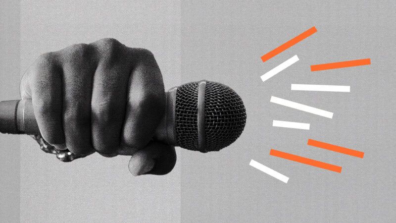 Black and white image of a hand holding a microphone with orange and white lines representing sound coming from it | Illustration: Lex Villena;ID 1071492 © Les3photo8 | Dreamstime.com
