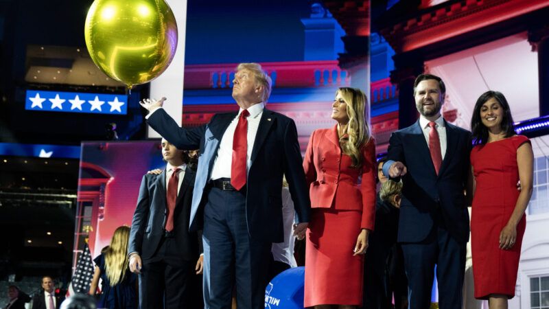 Donald and Melania Trump, and J.D. and Usha Vance on stage at the 2024 GOP convention | Tom Williams/CQ Roll Call/Newscom