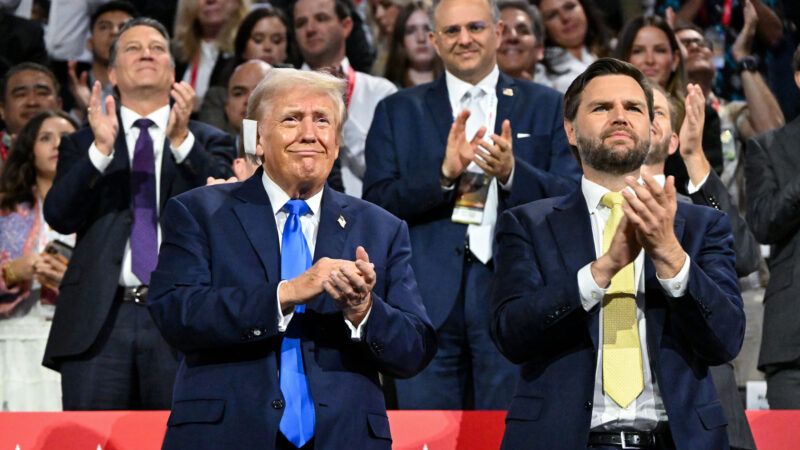 Former President Donald Trump and Sen. J.D. Vance (R–Ohio) clap, at the 2024 Republican National Convention. | 	MATT MARTIN/UPI/Newscom