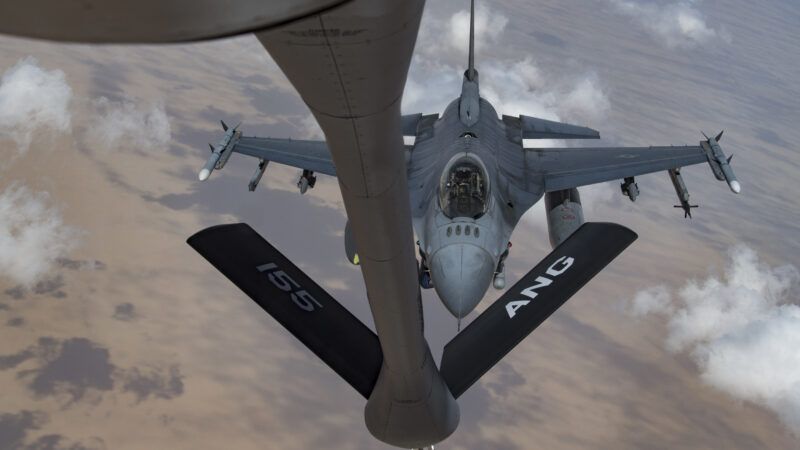 A U.S. Air Force F-16 Fighting Falcon approaches a U.S. Air Force KC-135 Stratotanker to conduct an aerial refueling operation above the Kingdom of Saudi Arabia, April 23, 2020. | U.S. Air Force photo by Staff Sgt. Daniel Snider