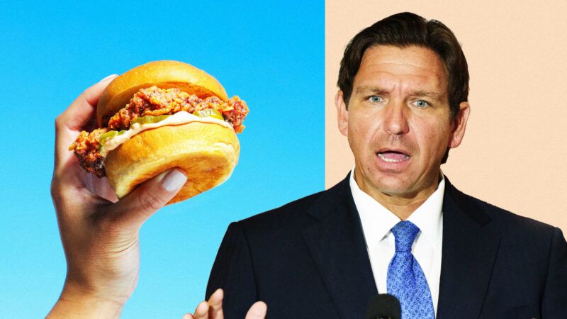 Ron DeSantis next to a lab-grown chicken sandwich. | Illustration: Lex Villena; Michele Eve Sandberg