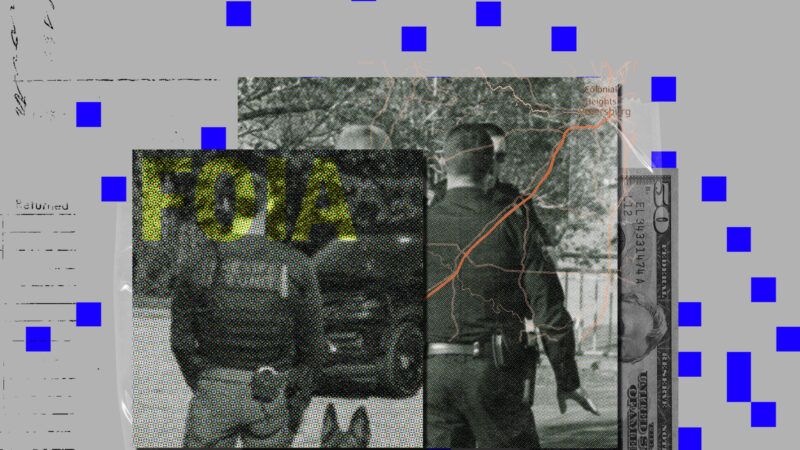 Images of law enforcement officers in black and white, a light gray background with some map and legal document marking, and blue boxes scattered across the image | Illustration: Lex Villena; Midjourney