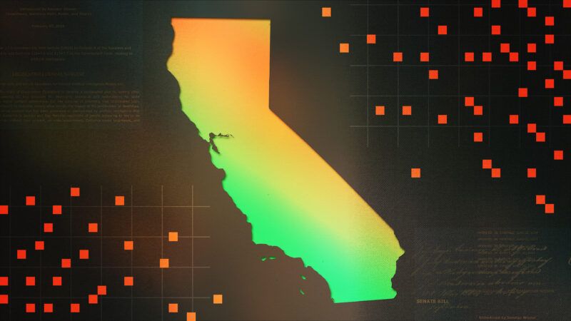 Outline of California in green, yellow, and orange against a dark background with lighter grid lines and orange-red boxes scattered across the image | Illustration: Lex Villena