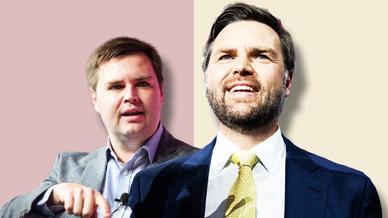 A pink and yellow background with a current J.D. Vance on the right and an older picture of J.D. Vance on the left | Jeff Malet Photography/Newscom; Tom Williams/CQ Roll Call/Newscom
