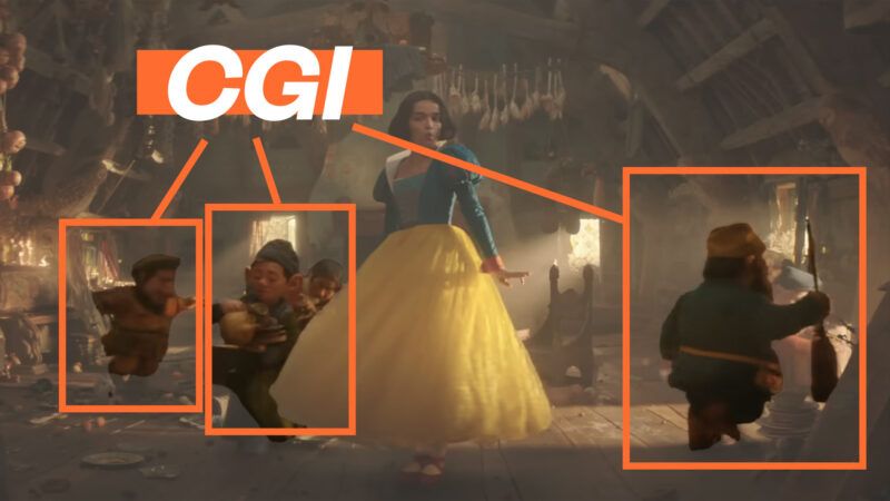 Snow White, played by Rachel Zegler, is seen dancing with "magical creatures" made with CGI | Illustration Lex Villena, Screenshot, YouTube