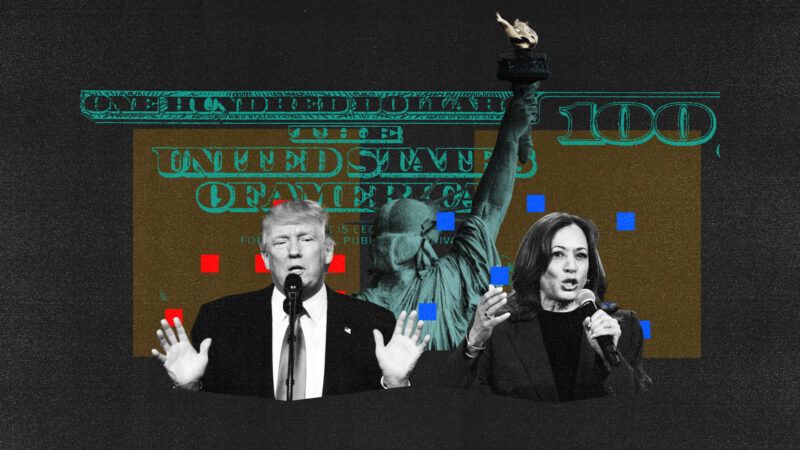 Donald Trump and Kamala Harris standing in front of silhouette of money | Illustration Lex Villena. Adapted from Mark Hertzberg/ZUMAPRESS/Newscom, Gage Skidmore, Thomas Lozinski, Dreamstime.com